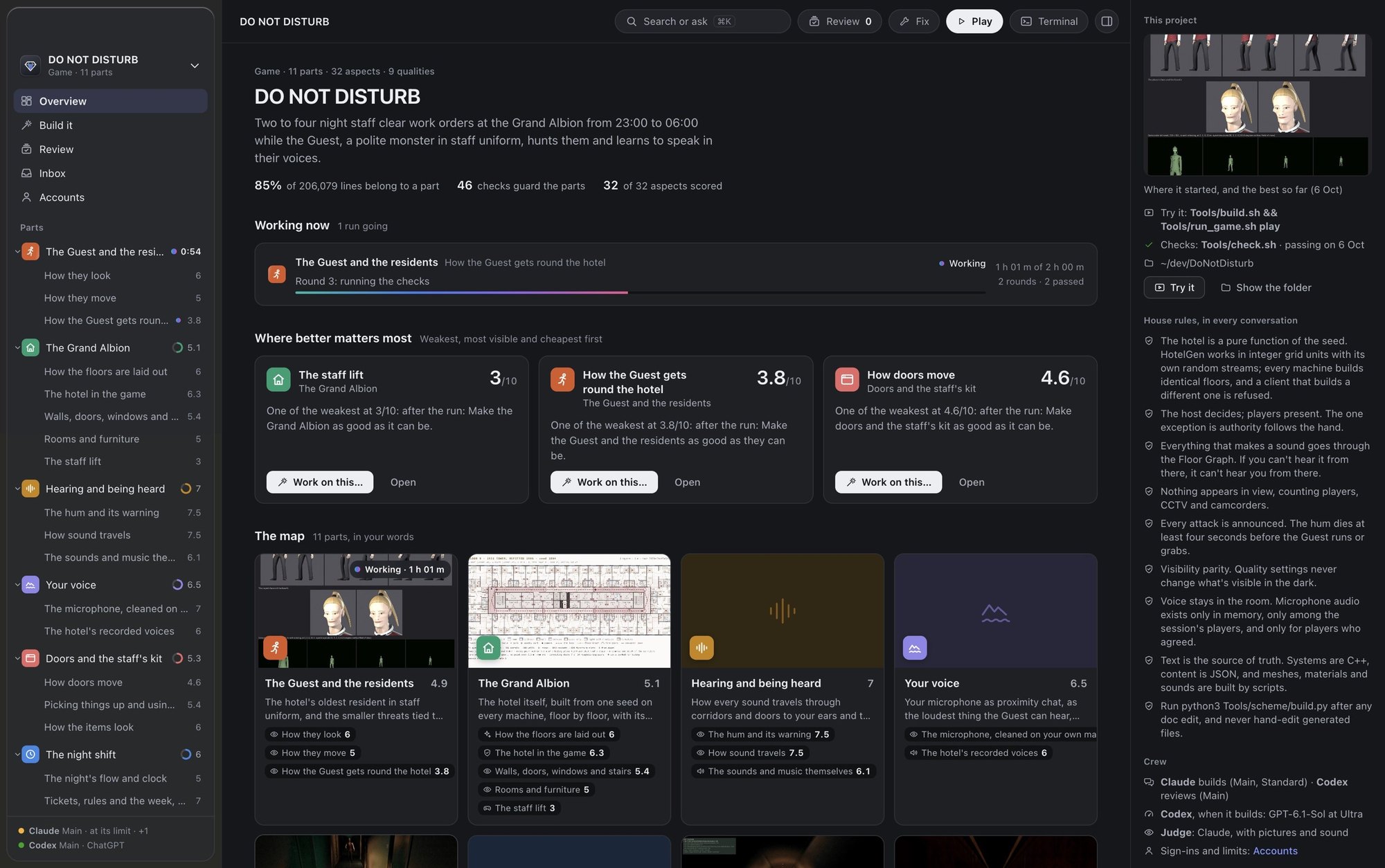 Facet's overview of Do Not Disturb: 11 parts, scores, the run in progress and the parts that need work most