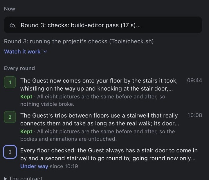 The list of rounds in a run, each with what changed and why it was kept
